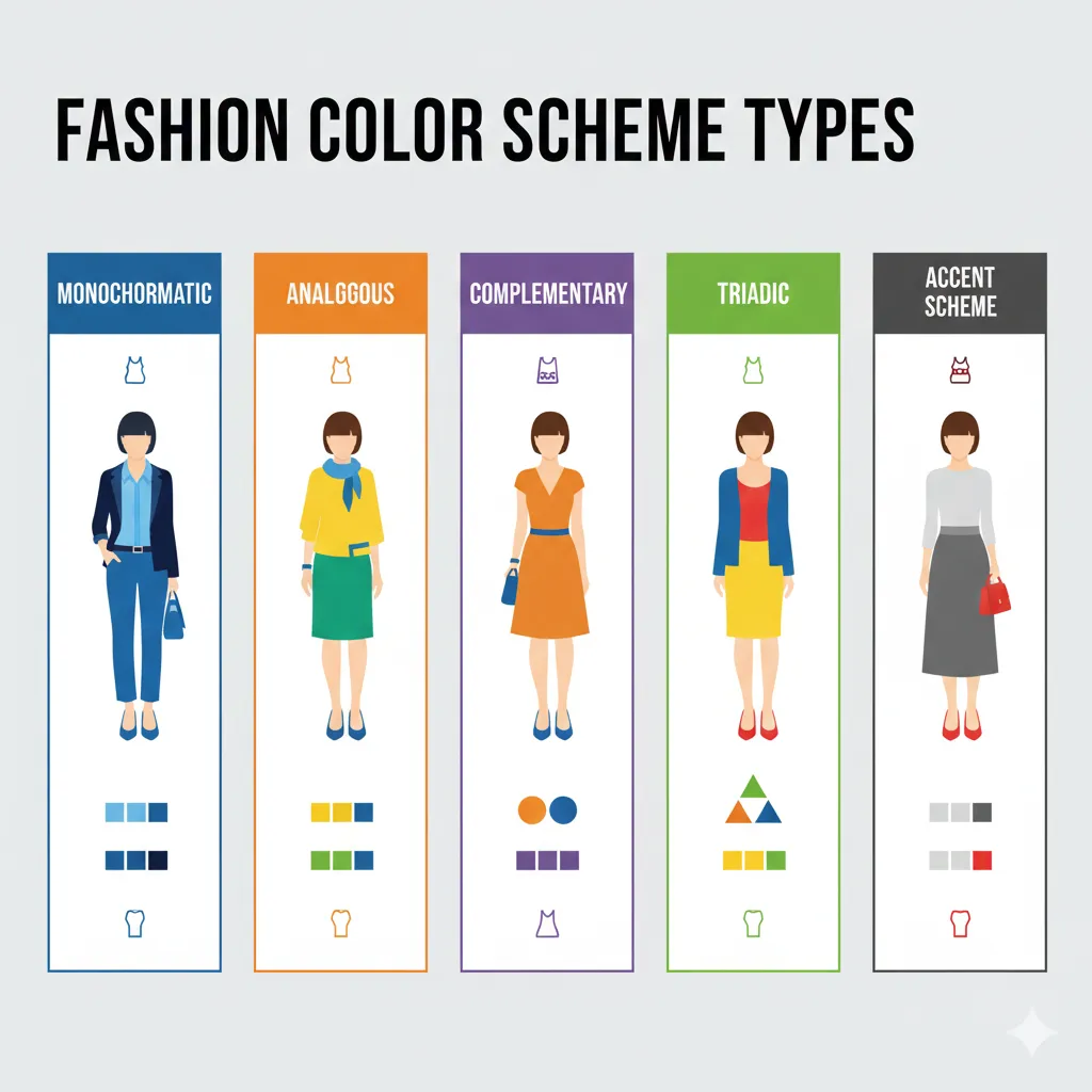 Схема п'яти типів колірних комбінацій в одязі з прикладами