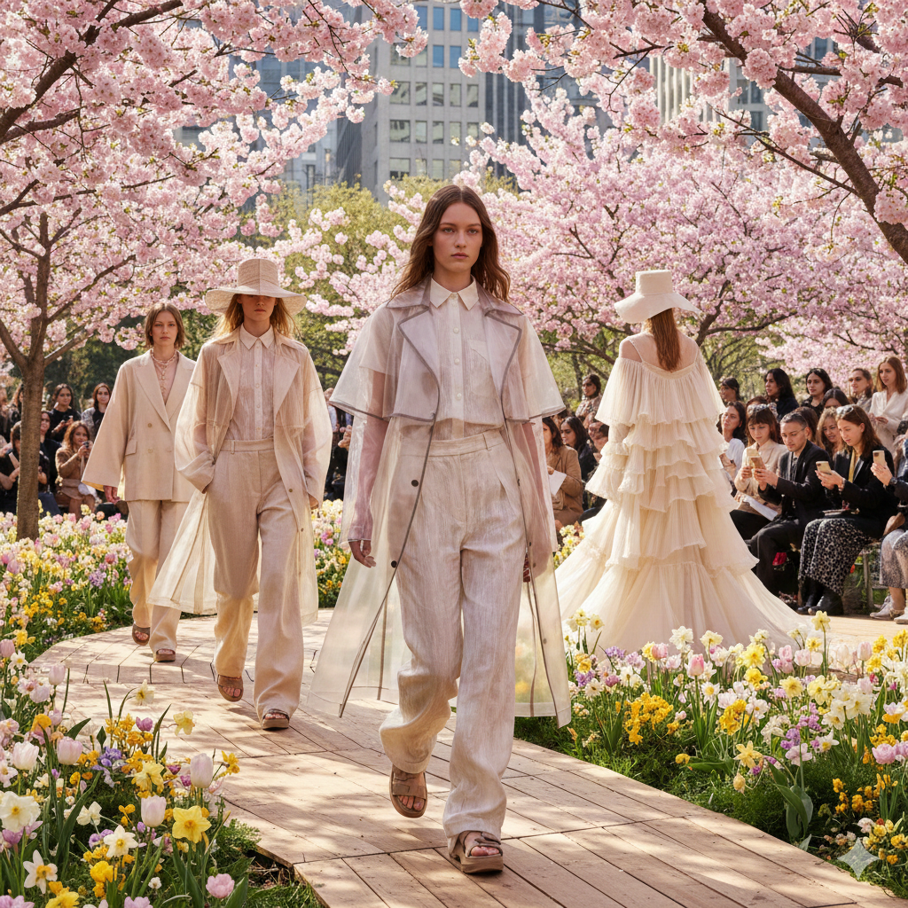 Моделі в трендовому одязі весни 2026 з об'ємними силуетами та прозорими тканинами.