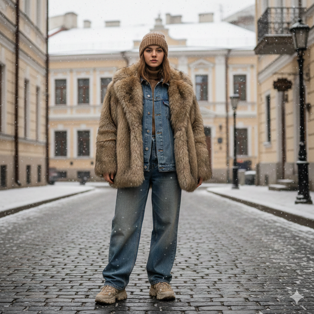 Вуличний стиль Київ 2026 — oversize пальто та total-denim на Подолі взимку