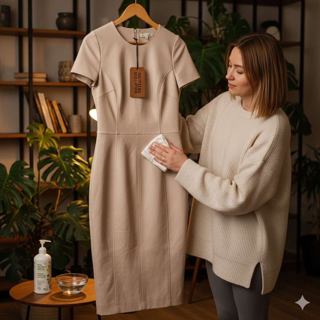 Жінка протирає шкіряну сукню вологою ганчіркою для догляду.