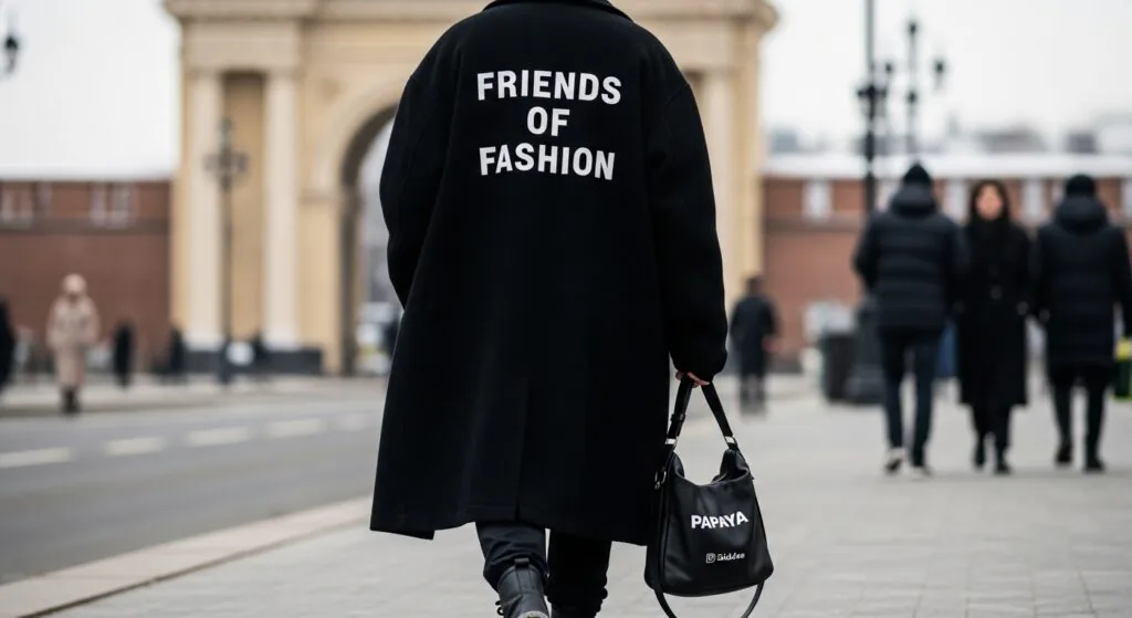 Мінімалістичний street style Київ — чорне oversize пальто та total black біля Золотих Воріт