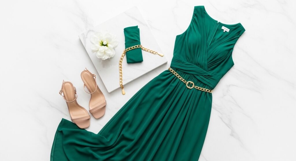 Зелена сукня максі з V-вирізом і драпіруванням на білому фоні