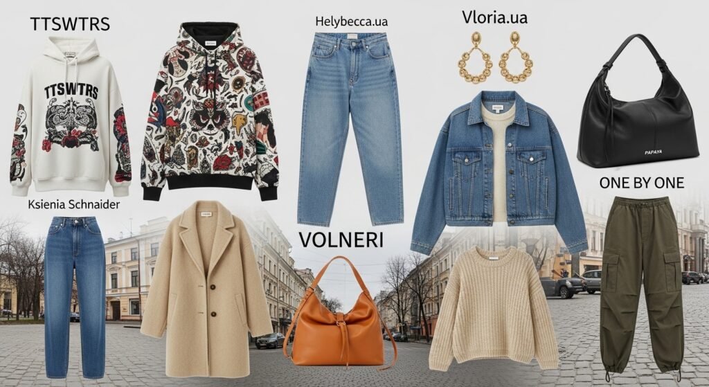 Рекомендовані українські бренди стріт стайл Київ — колаж одягу та аксесуарів від TTSWTRS, Heybecca, Vloria та інших