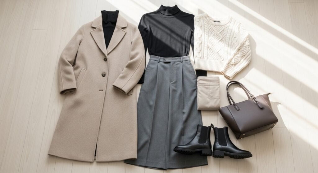  Плоский лей-аут базового зимового капсульного гардеробу для жінок в нейтральних тонах

