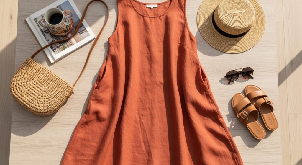 Теракотовий льняний сарафан розкладений на столі з аксесуарами