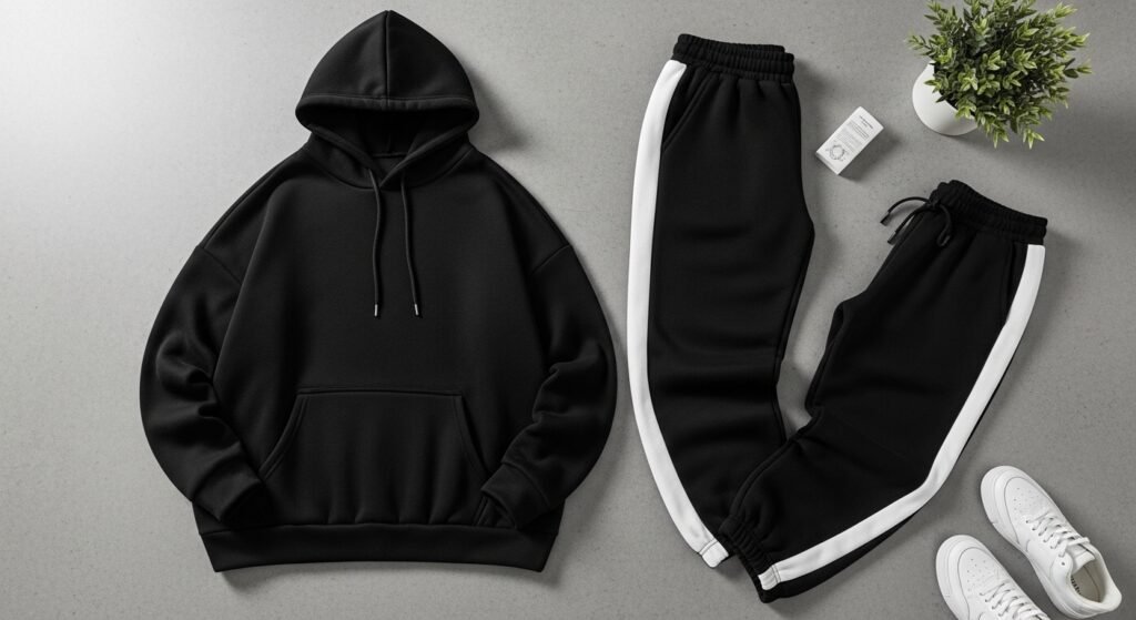 Чорний оверсайз спортивний костюм розкладений на підлозі