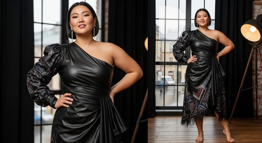 Сукня з асиметрією та драпіруванням на моделі, підкреслює плечі та об'єм.