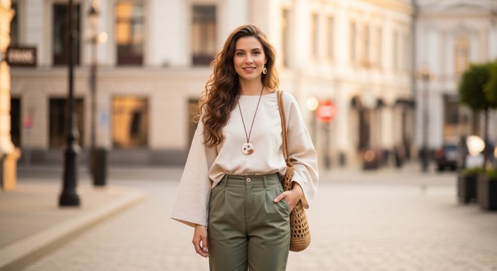 Жінка в бавовняному одязі від локального виробника в Україні.