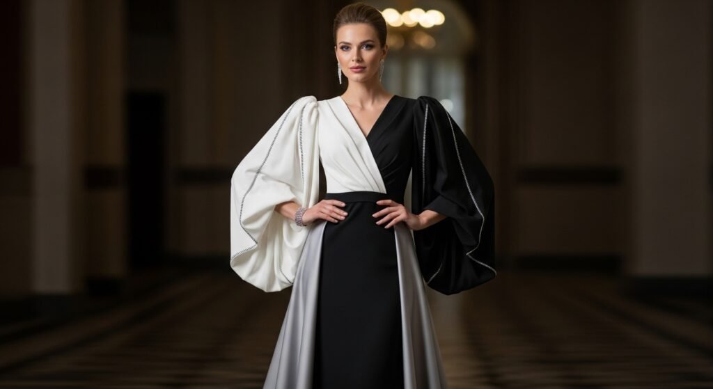 Жінка в монохромній сукні з об'ємними рукавами від Gepur.