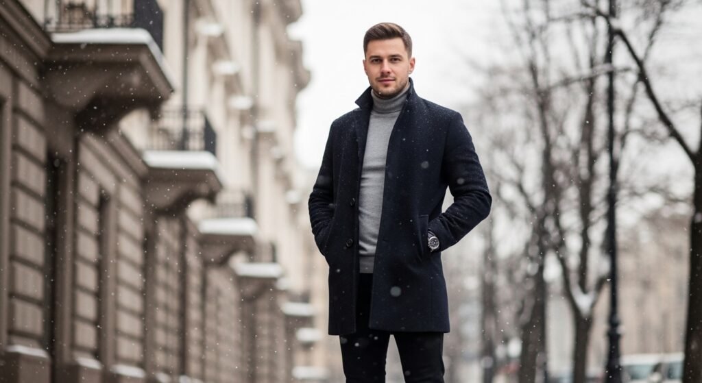 Чоловік у зимовому капсульному гардеробі на міській вулиці