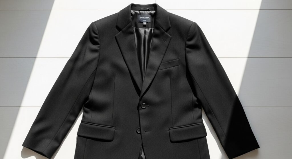 Чорний класичний блейзер з лацканами, розкладений на поверхні.