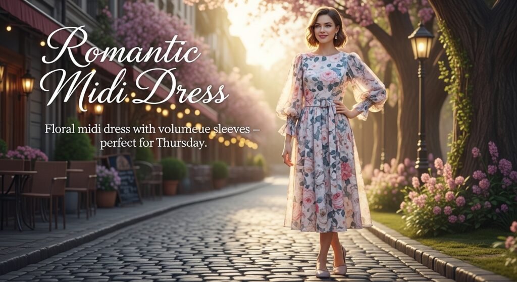 Жінка в квітковій міді-сукні – романтичний повсякденний стиль