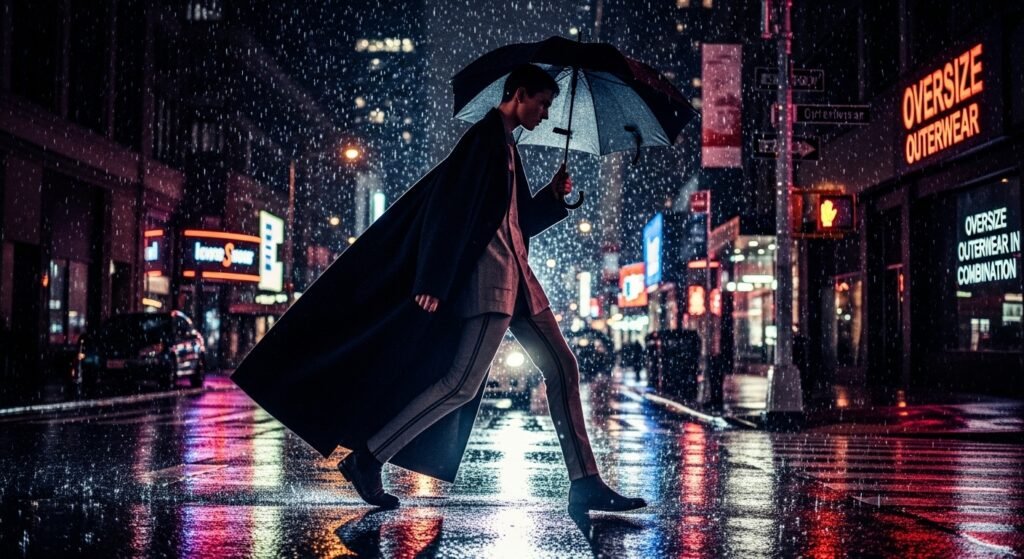 Пальто оверсайз з вузькими брюками під дощем.