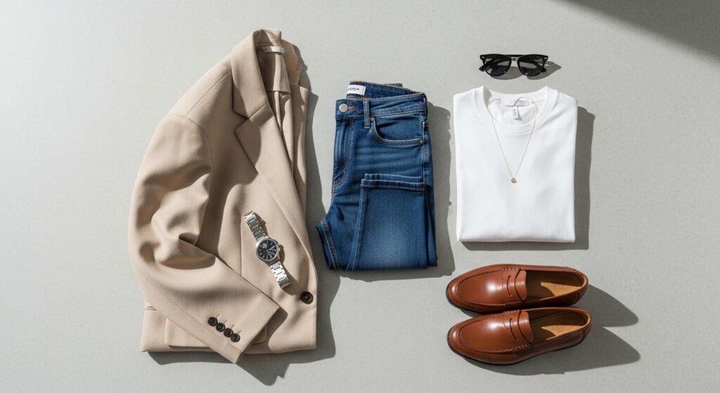 Флетлей з оверсайз блейзером, вузькими джинсами, білою футболкою та лоферами, з аксесуарами як годинник та окуляри.