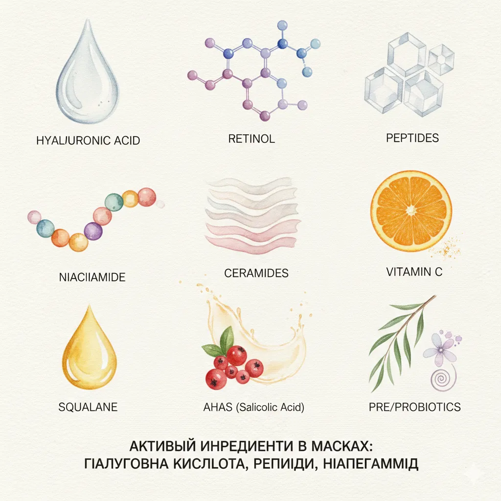 Активні інгредієнти в масках: гіалуронова кислота, ретинол, пептиди, ніацинамід