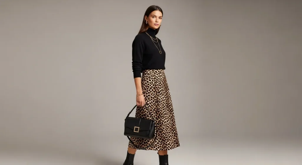 Леопардова спідниця з чорним гольфом та чорними черевиками
