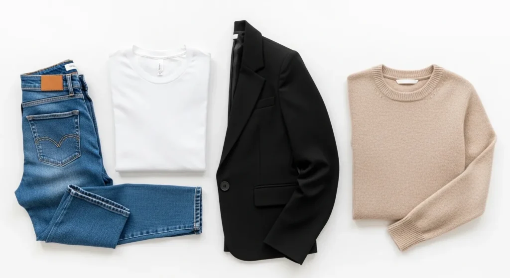 Базові речі жіночого гардероба розкладені на білому фоні