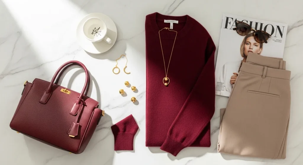 Композиція з бургунді сумкою, светром та бежевими штанами