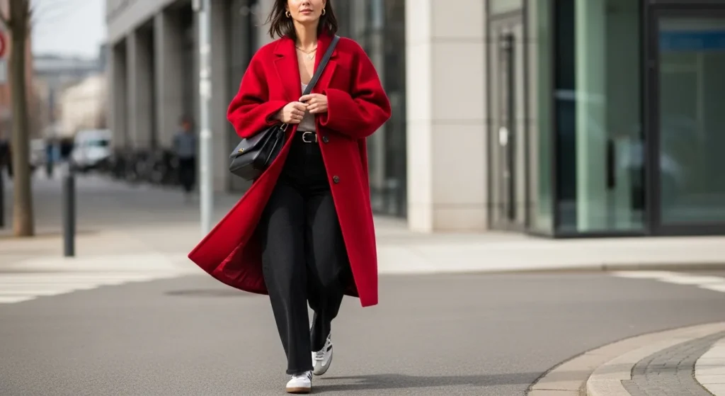 Жінка в червоному oversize пальті з чорними джинсами та білими кросівками