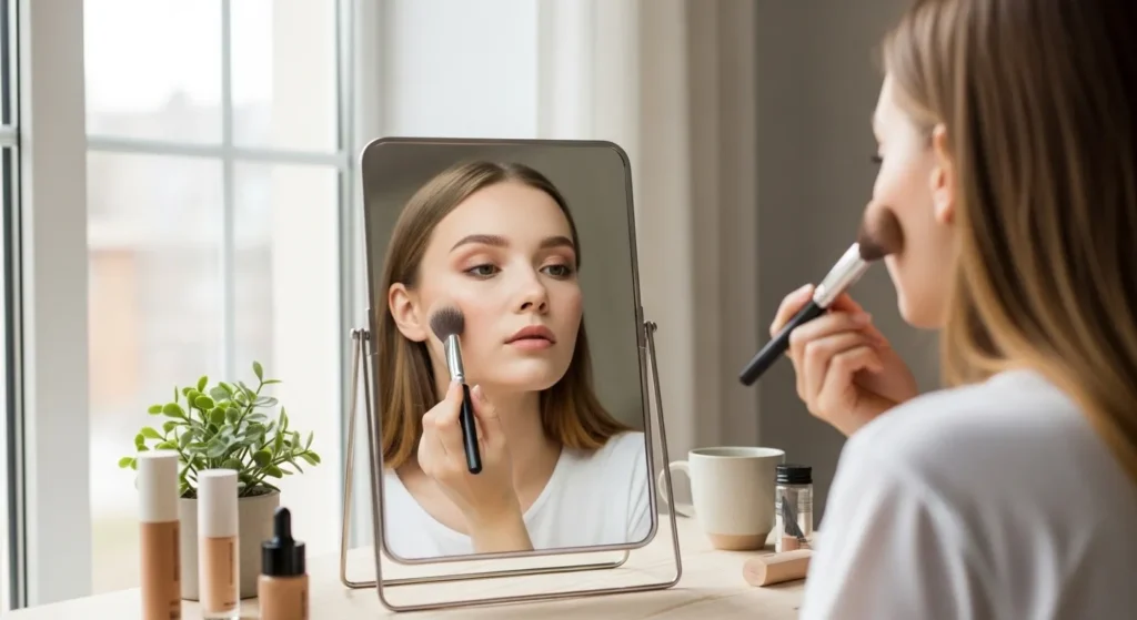 Жінка наносить денний макіяж покроково перед дзеркалом