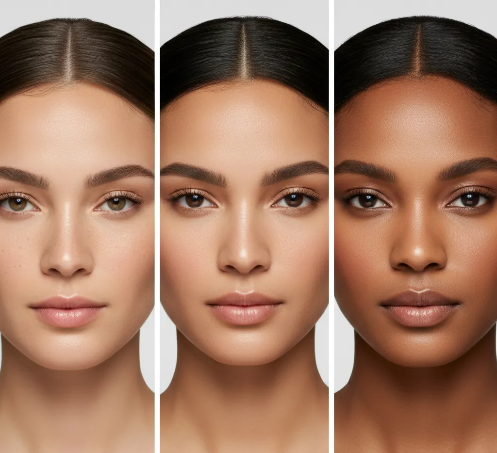 Демонстрація трьох рівнів покриття тонального крему на обличчі
