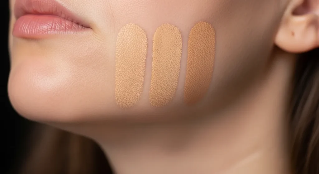 Жінка тестує три відтінки тонального крему на щелепі для підбору ідеального кольору