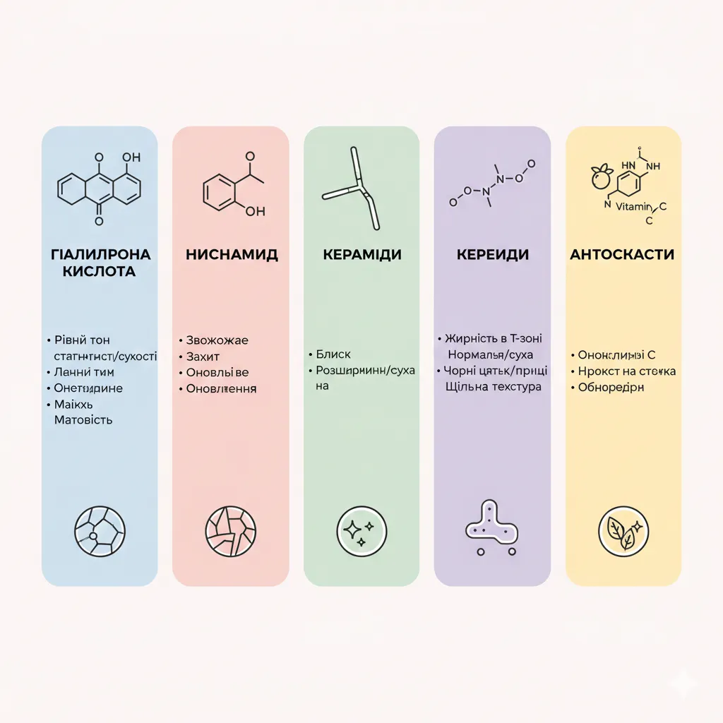 Інфографіка ключових активних інгредієнтів у кремах для догляду за шкірою

