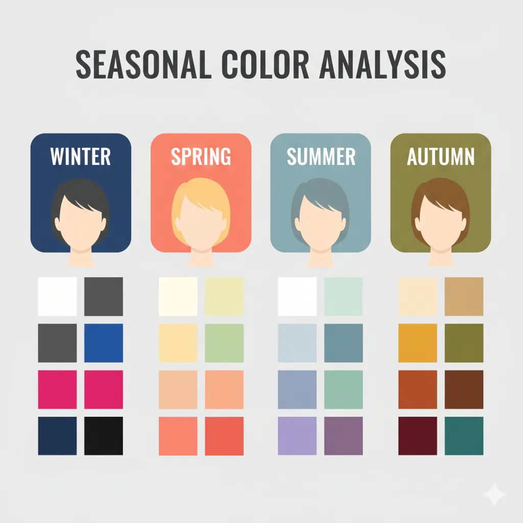 Схема чотирьох сезонних кольоротипів зовнішності з палітрами кольорів