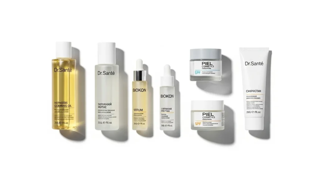 Набір косметичних засобів для сухої шкіри обличчя розміщені послідовно