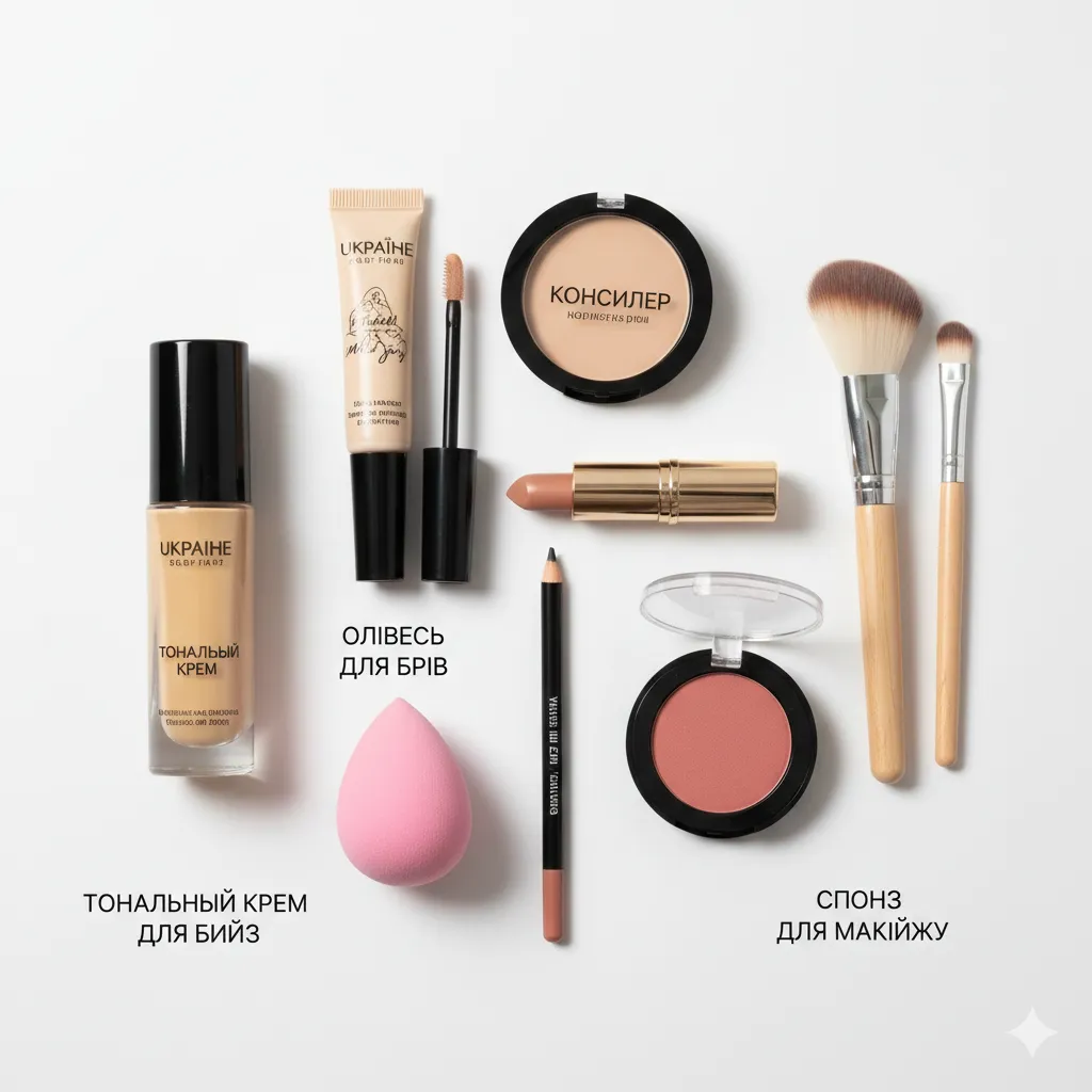 базова косметика для макіяжу початківців розкладена на білому фоні