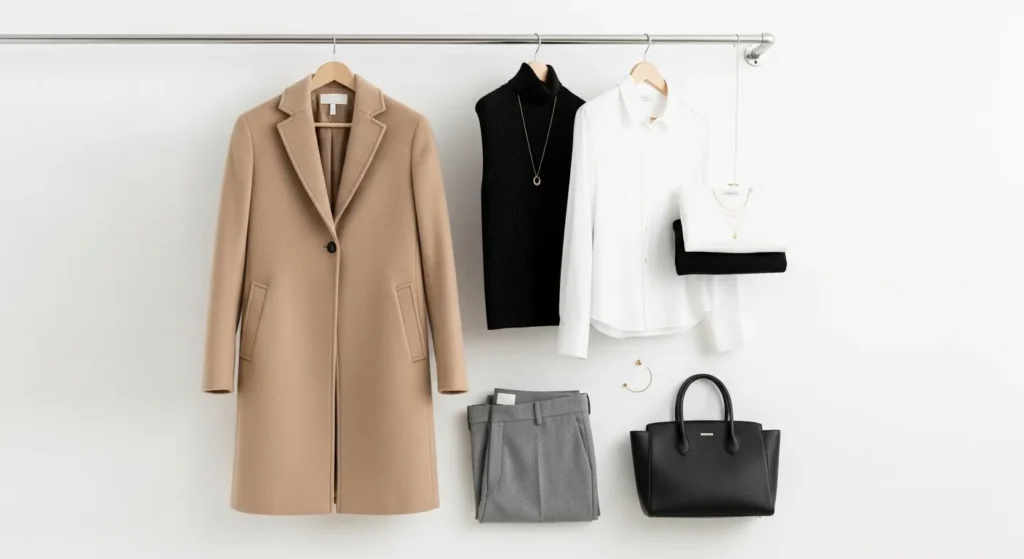Базовий мінімалістичний гардероб з бежевим пальтом, білою сорочкою та чорною сумкою