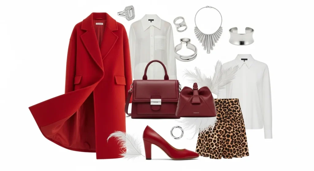 Колаж модних трендів 2026 року з червоним пальто, бургунді сумкою та срібними аксесуарами
