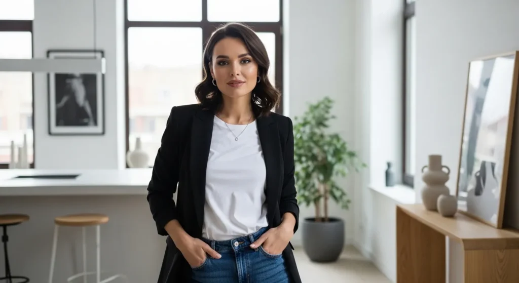 Жінка у базовому гардеробі з футболкою піджаком та джинсами