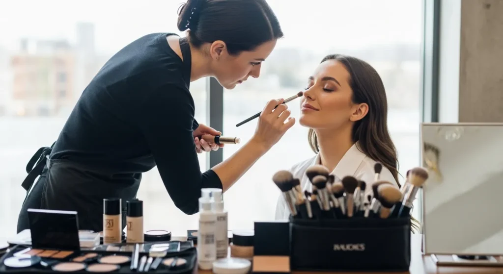 Візажист наносить денний макіяж моделі