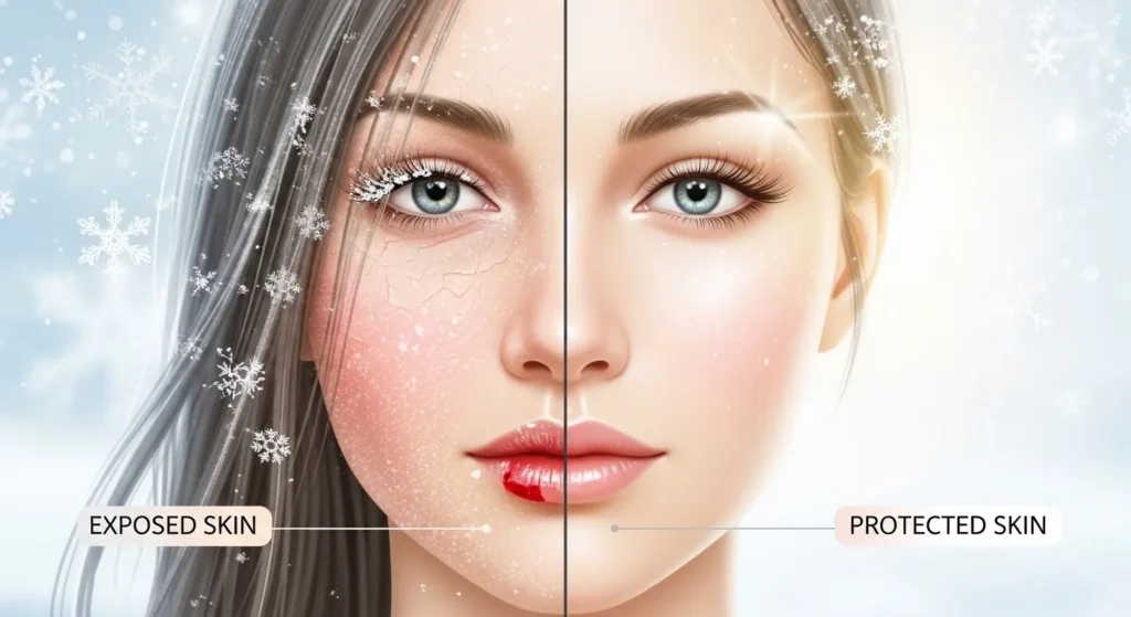 Причини сухості шкіри взимку: мороз, вітер, опалення.]