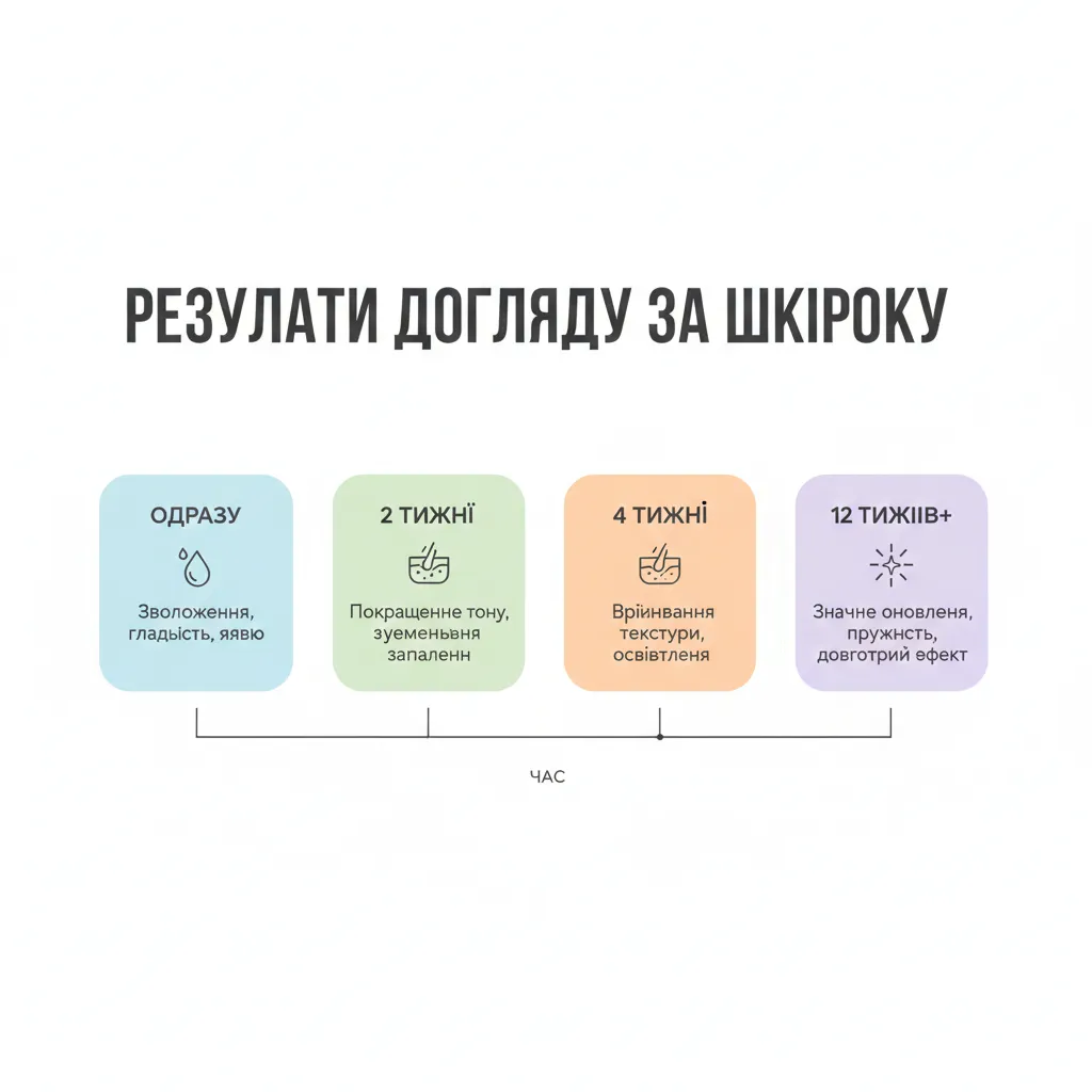 Інфографіка таймлайну результатів від використання крему - від зволоження до антивікового ефекту