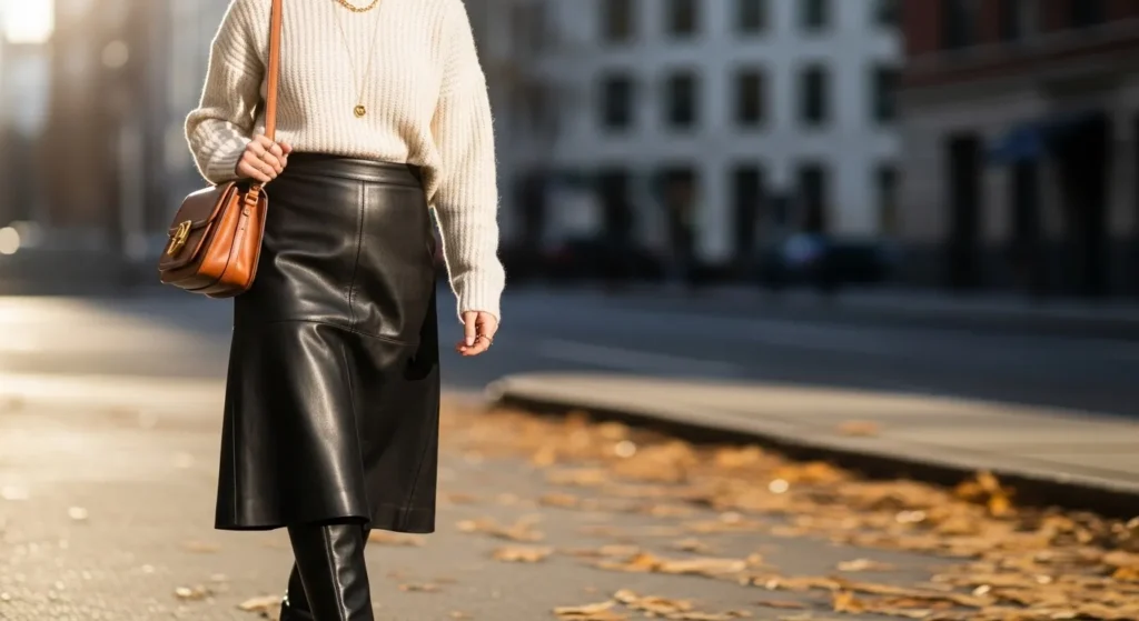 Жінка в чорній шкіряній спідниці міді з кремовим светром та високими чоботами
