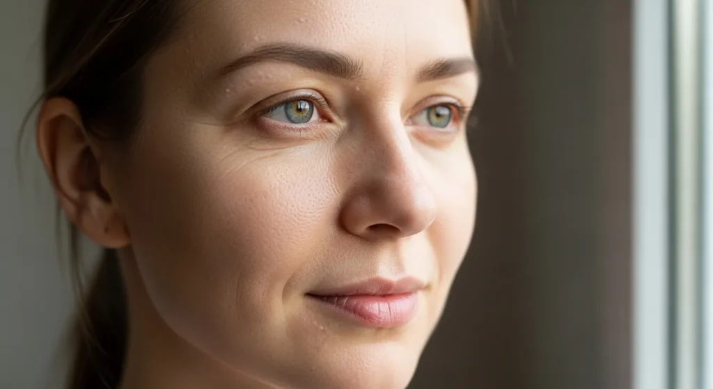 Жінка з сухою шкірою обличчя демонструє основні ознаки: лущення та стягнутість