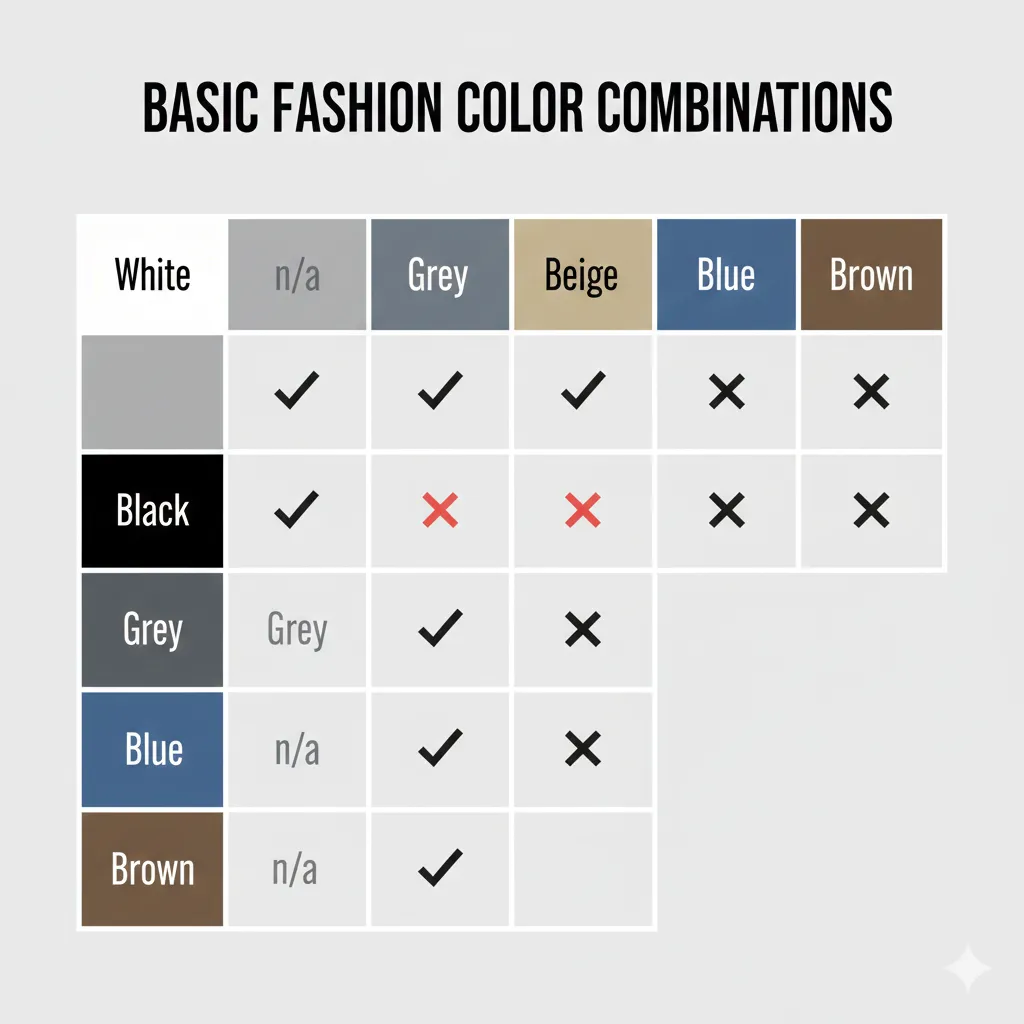 Таблиця сумісності базових кольорів в одязі з позначенням вдалих комбінацій