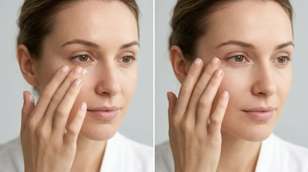 техніка нанесення крему навколо очей безіменним пальцем — правильні рухи від внутрішнього до зовнішнього кута
