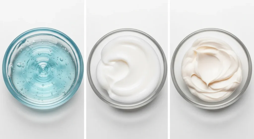 Порівняння текстур кремів для обличчя - гель, емульсія та живильний крем
