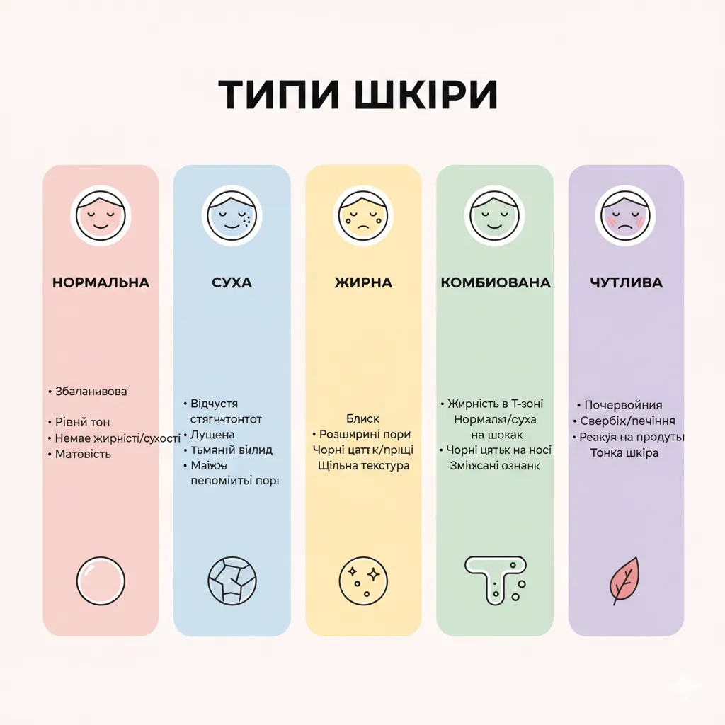 Інфографіка з візуальним поясненням 5 типів шкіри обличчя