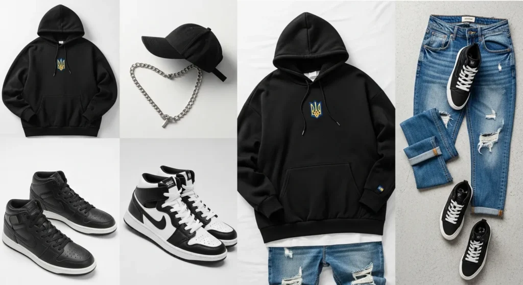 Композиція різних стилів українського одягу - casual, стритвер, класика, етно