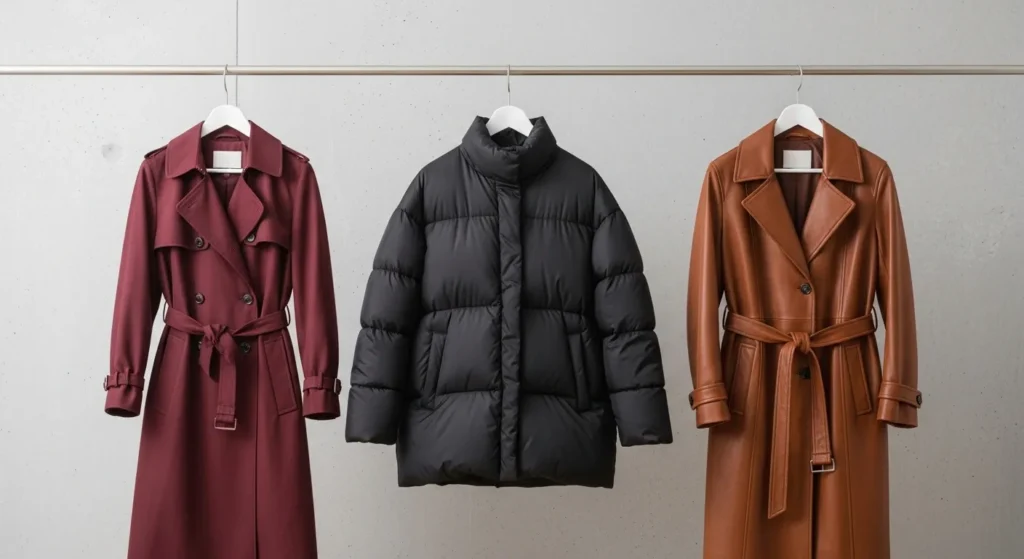 Колекція верхнього одягу осінь-зима 2026 з бургунді тренчем та чорною курткою