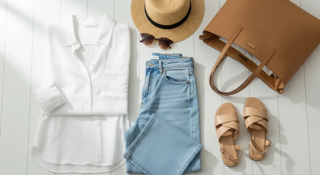 Композиція літнього гардеробу з білою сорочкою, блакитними джинсами та аксесуарами