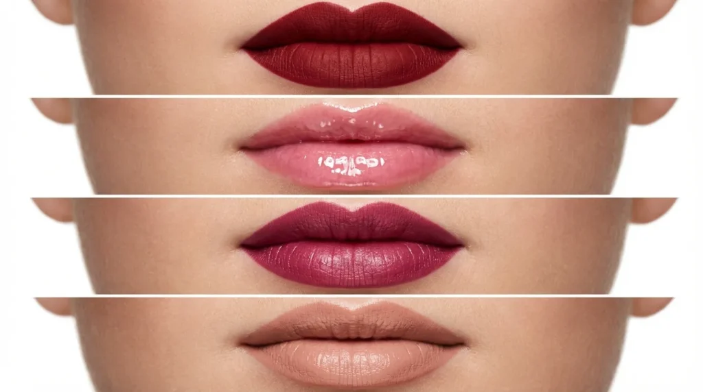 порівняння текстур помад — матова глянцева сатинова рідка