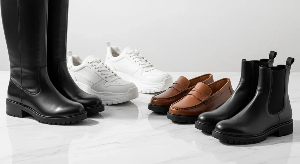 Колекція зимового взуття з високими чоботами, кросівками та лоферами