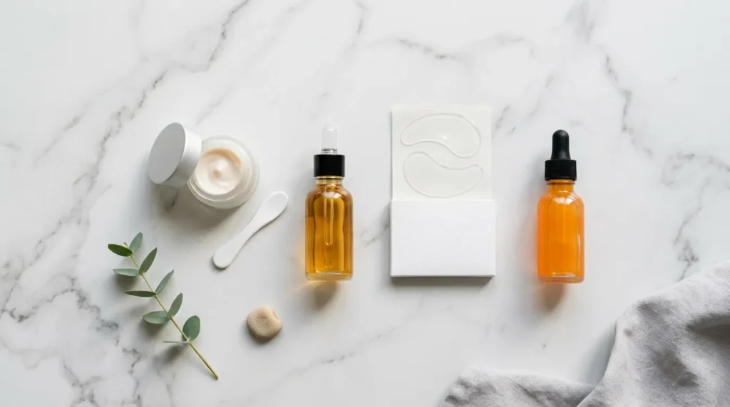 засоби для догляду за шкірою навколо очей — крем, сироватка та патчі на мармуровій поверхні