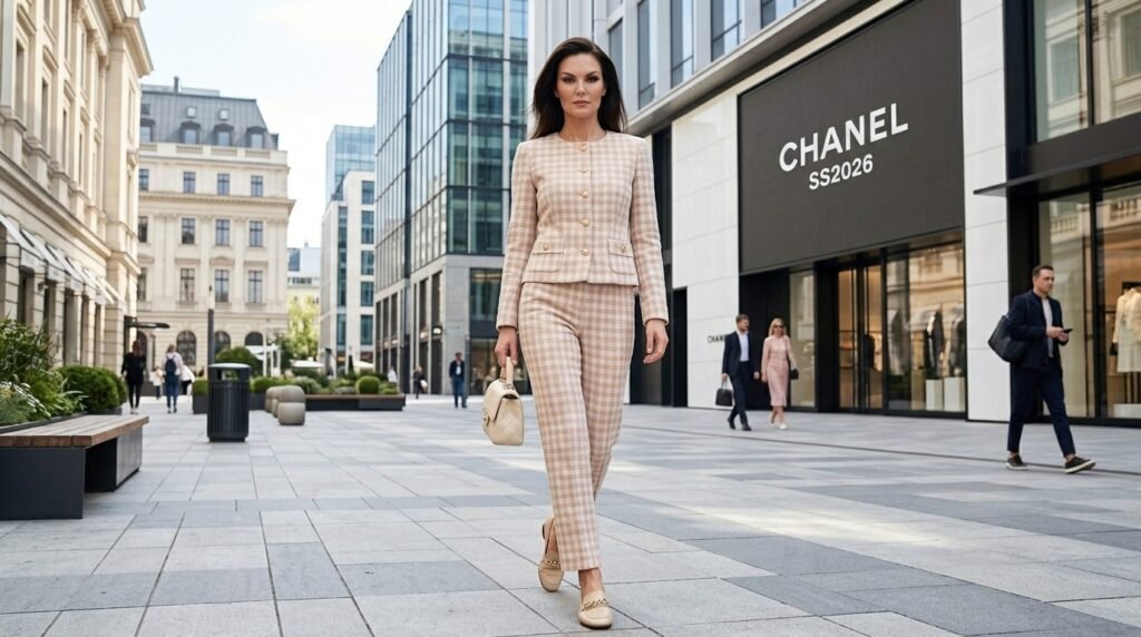 Жінка в пастельному картатому костюмі, тренд 2026