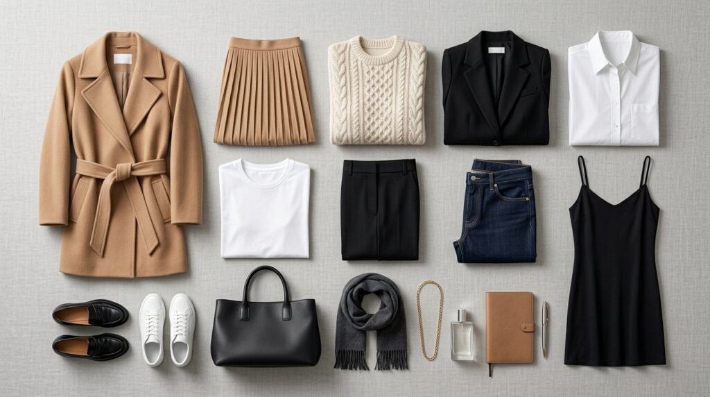 Плоский лей-аут базового мінімалістичного гардеробу з 15 нейтральних речей у стилі quiet luxury 2026